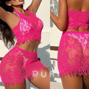 Beach coverup set, Sheer top, fishnet Hollow Out Halter Cover Up Set